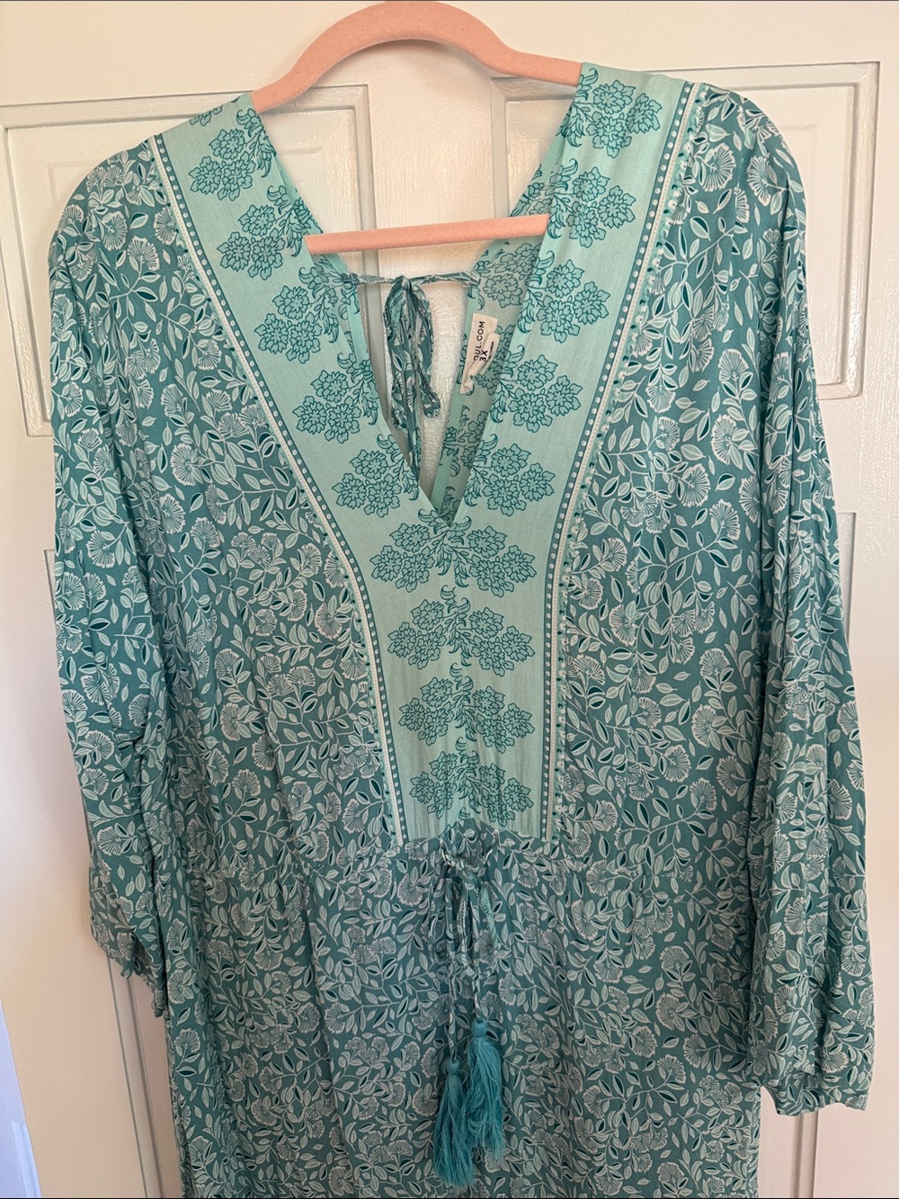 Bohemian Maxi Dress with Tassel Tie in Teal - Picture 2 of 6
